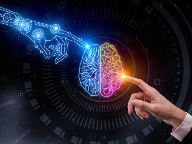 Hand pointing at glowing digital brain. Artificial intelligence and future concept. 3D Rendering